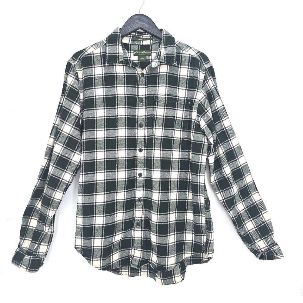 Eddie Bauer Green Cream Plaid Soft Flannel Long Sleeve Button Front Shirt Tall